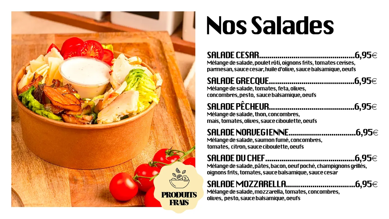 Sultan Boulangerie, menu salades sur écran