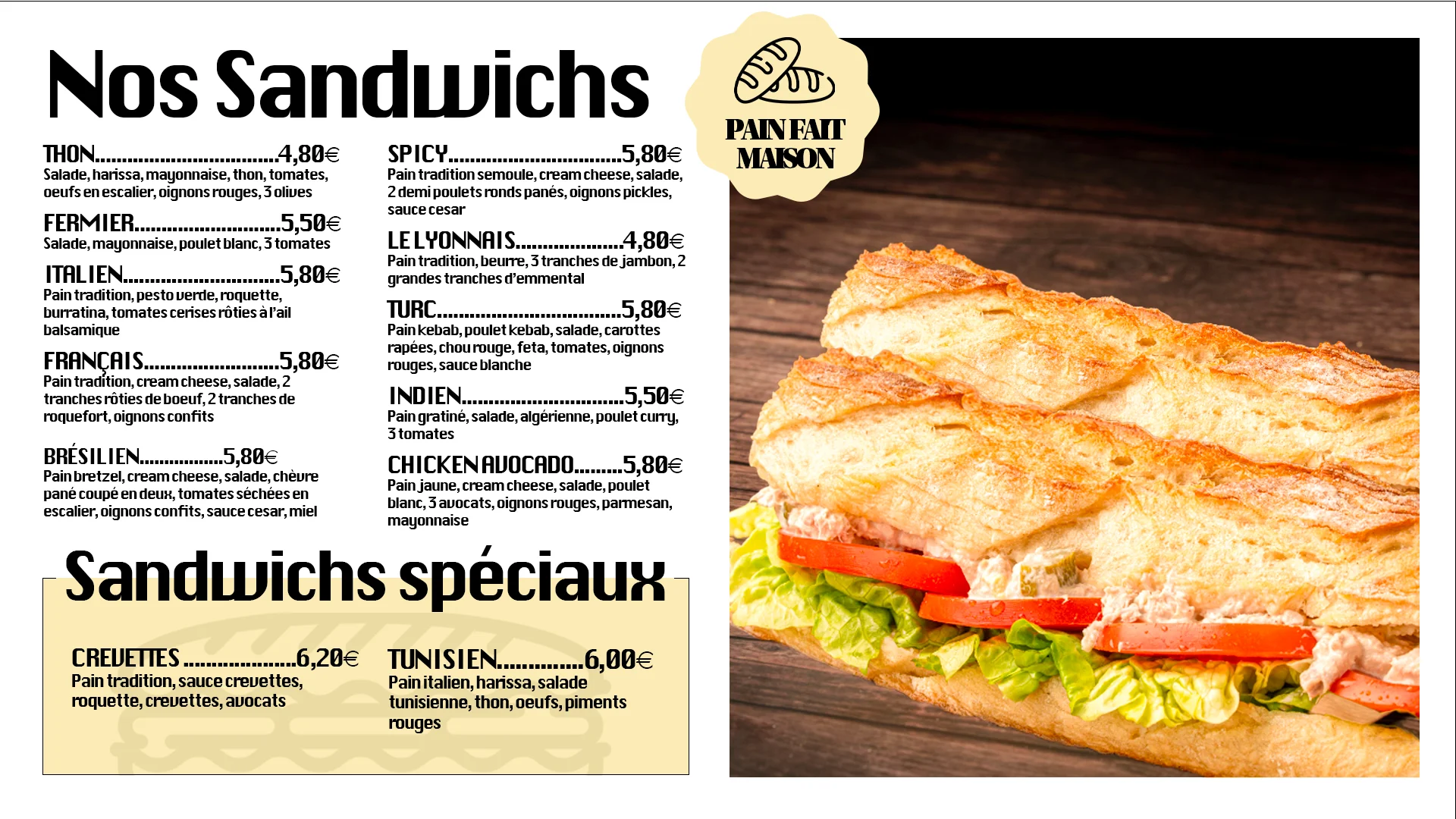 Sultan Boulangerie - Menu sandwichs